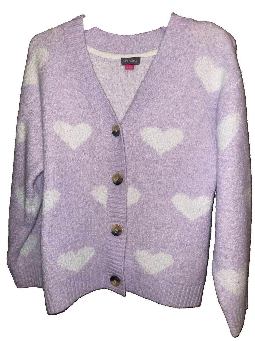 Vince Camuto Girls Lavender Heart Print Button Front Cardigan Sweater 10/12 L